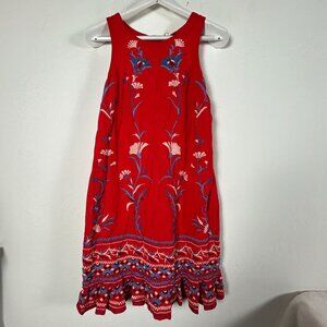 Anthropologie Akemi + Kin Red Floral Embroidered Sleeveless Dress Medium Linen